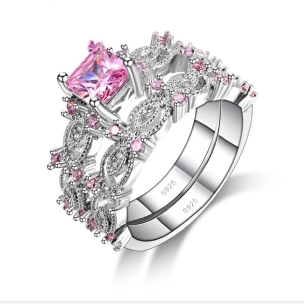 New Sterling Silver Pink Sapphire Ring Set